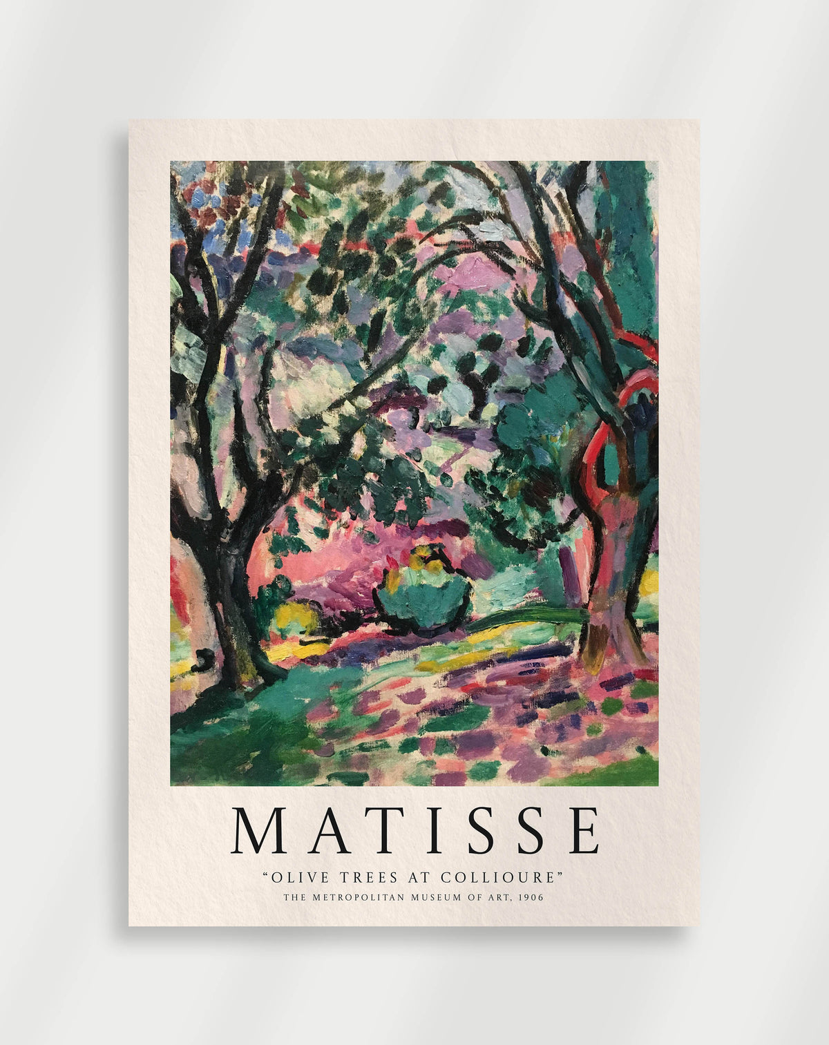 Olive trees landscape with bold colors and simplified shapes in Matisse style