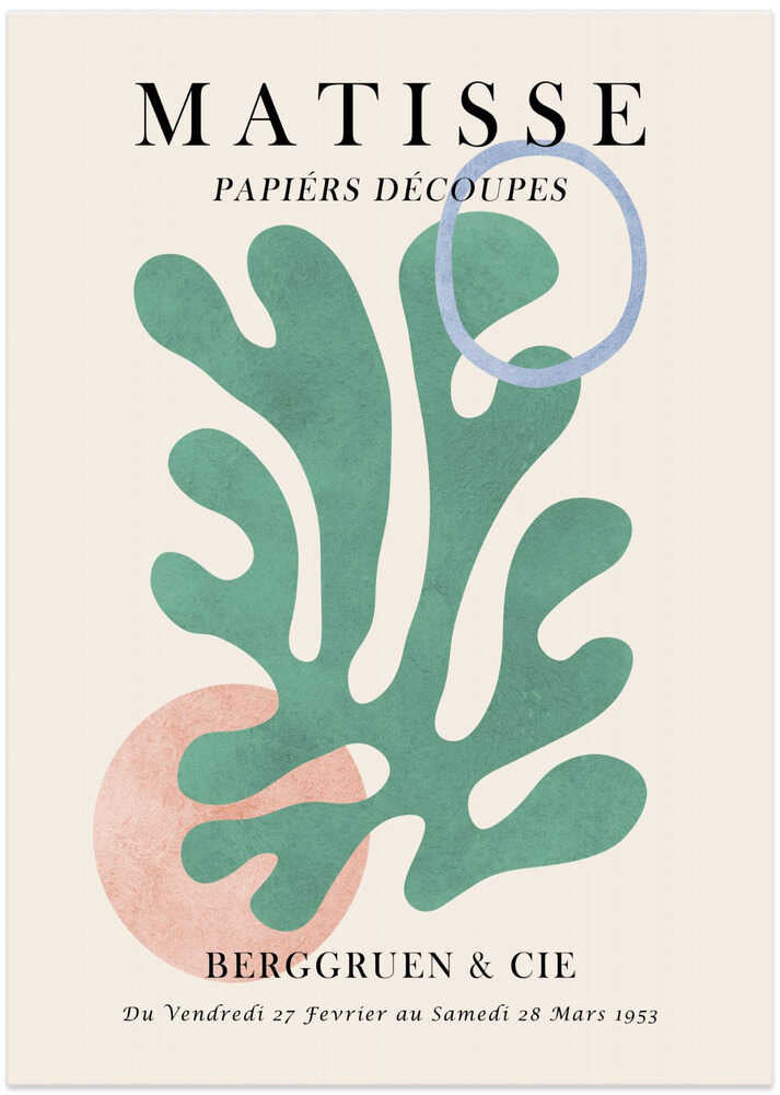 Henri Matisse Papiers Decoupes poster with a green leaf and a peach circle, Berggruen Paris 1953