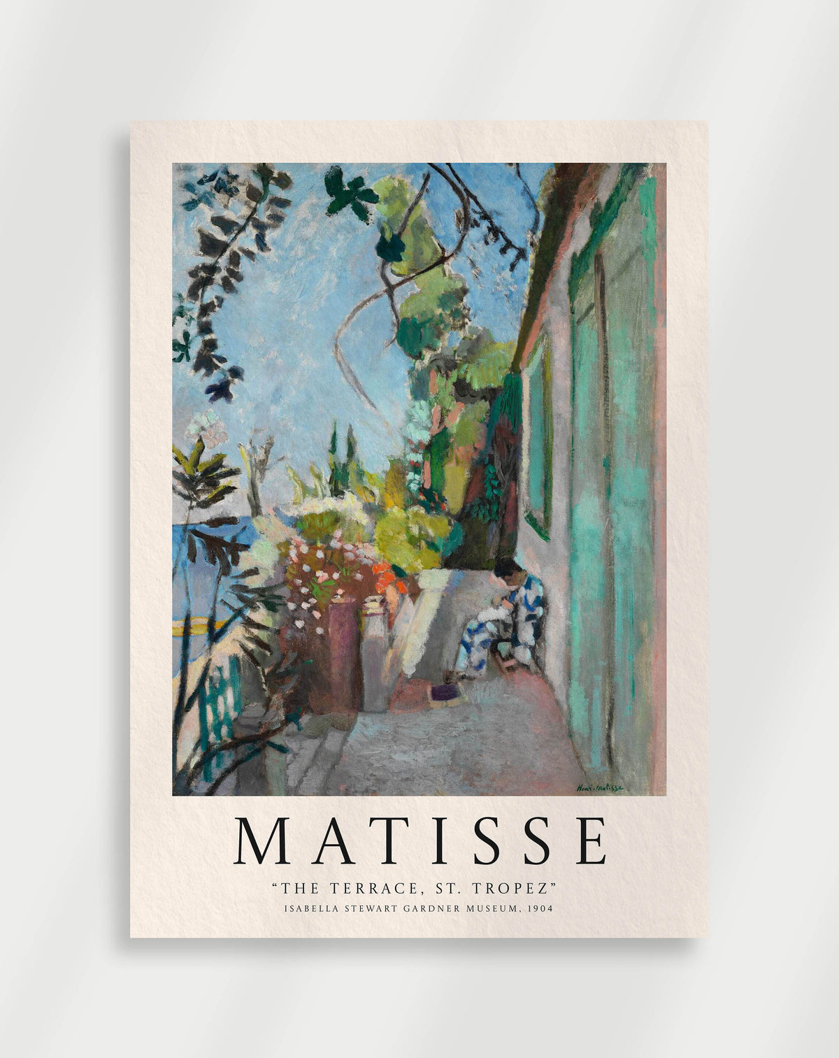 A poster of Matisse's 'The Terrace at St. Tropez' with a vibrant and colorful depiction of a garden and house.
