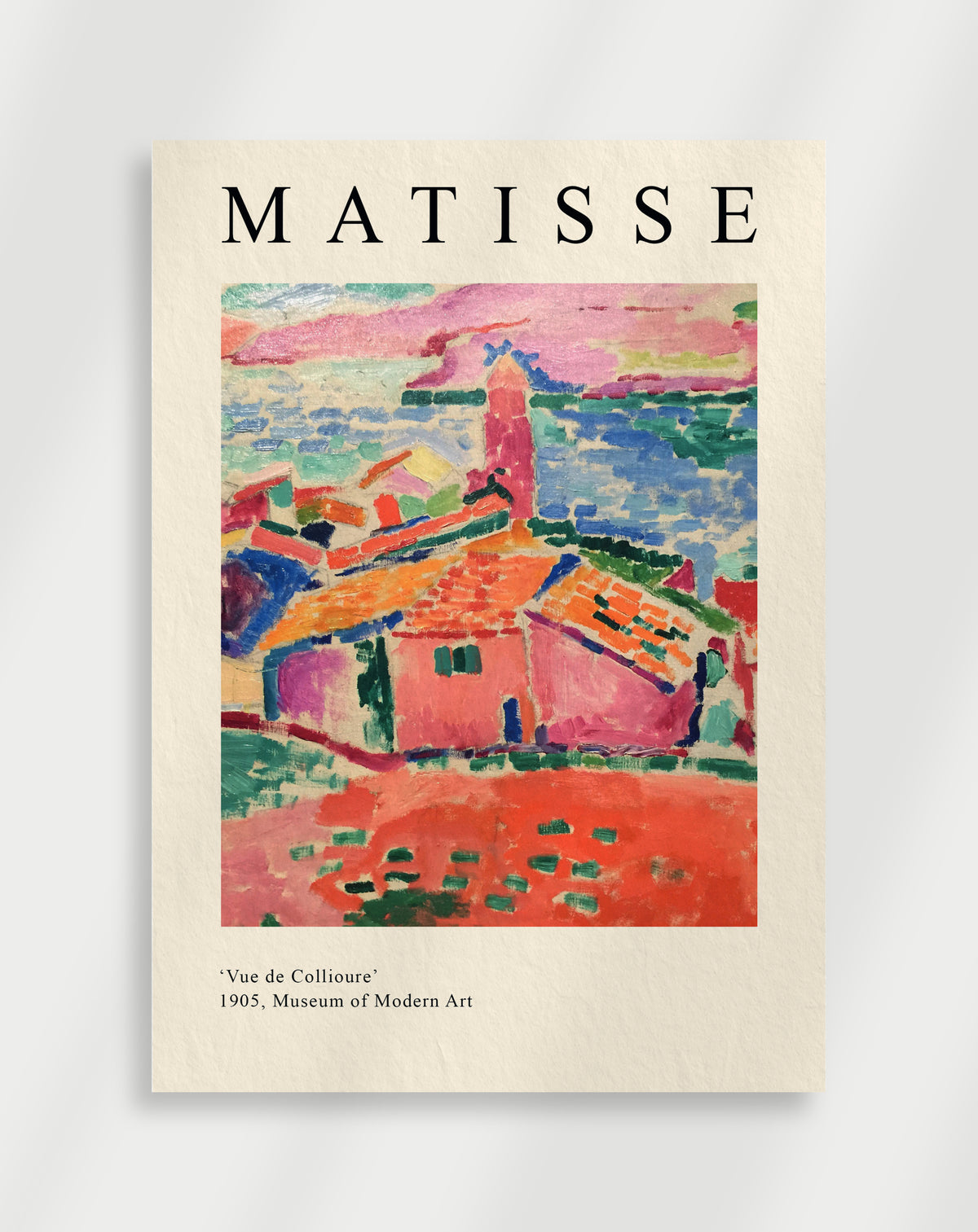 Art poster featuring a painting by Henri Matisse with predominantly pink and orange hues, depicting a view of a village.