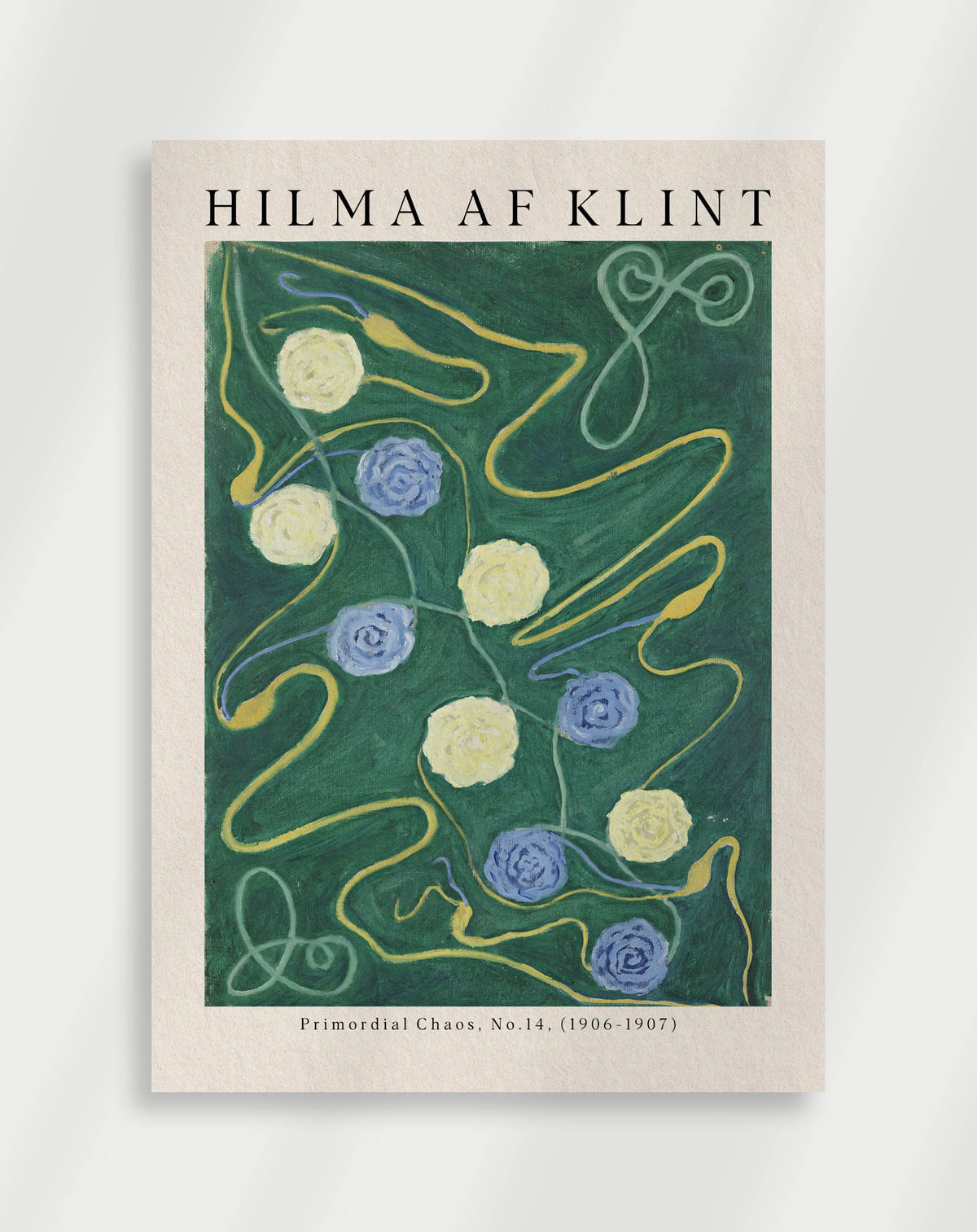 A poster featuring abstract geometric patterns in blue, green, and yellow on a beige background, with the text 'HILMA AF KLINT' at the top.