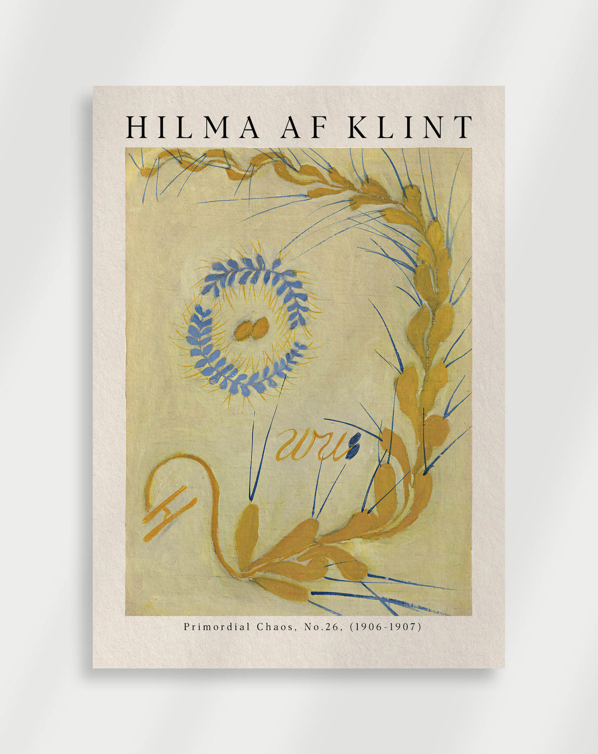 A poster featuring a geometric pattern with gold, blue, and yellow colors, and the text 'HILMA AF KLINT' at the top.