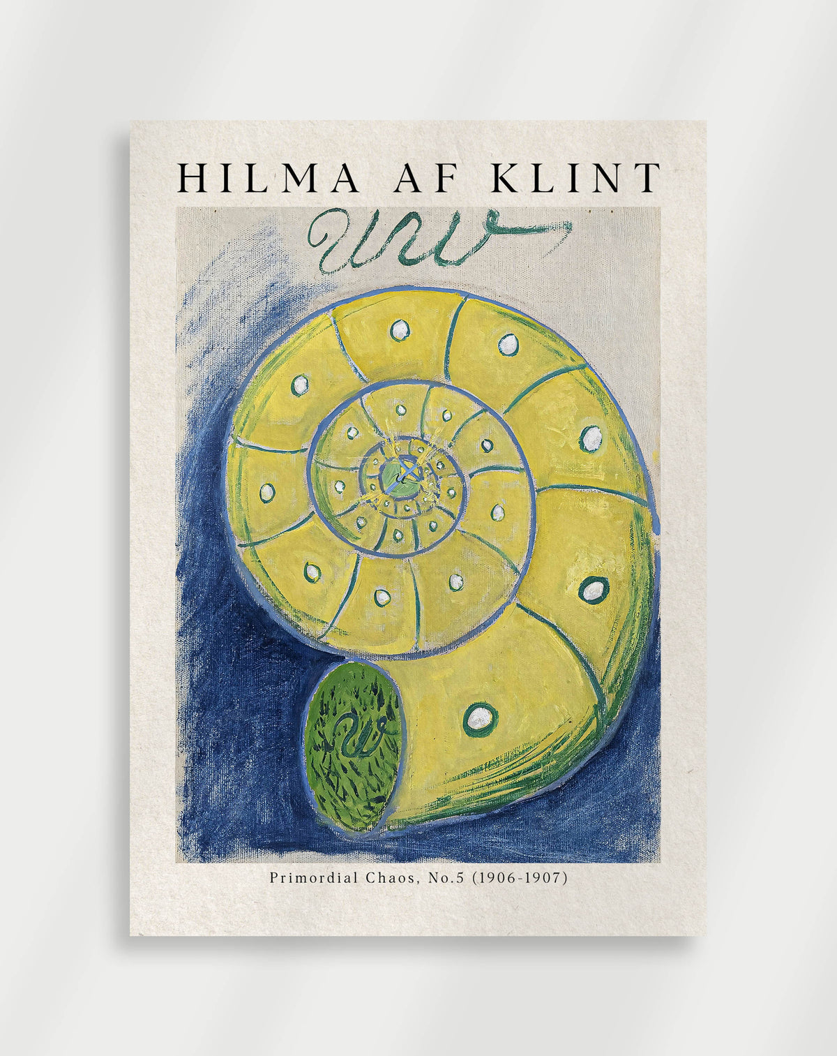A poster featuring an abstract artwork with a yellow spiral and blue dots on a light background, labeled with 'Hilma af Klint' and the year 1917.