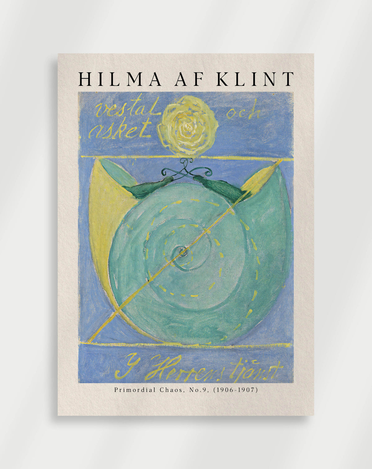 A poster of Hilma af Klint's artwork 'Primordial' featuring abstract shapes in green, blue, and yellow on a light background.