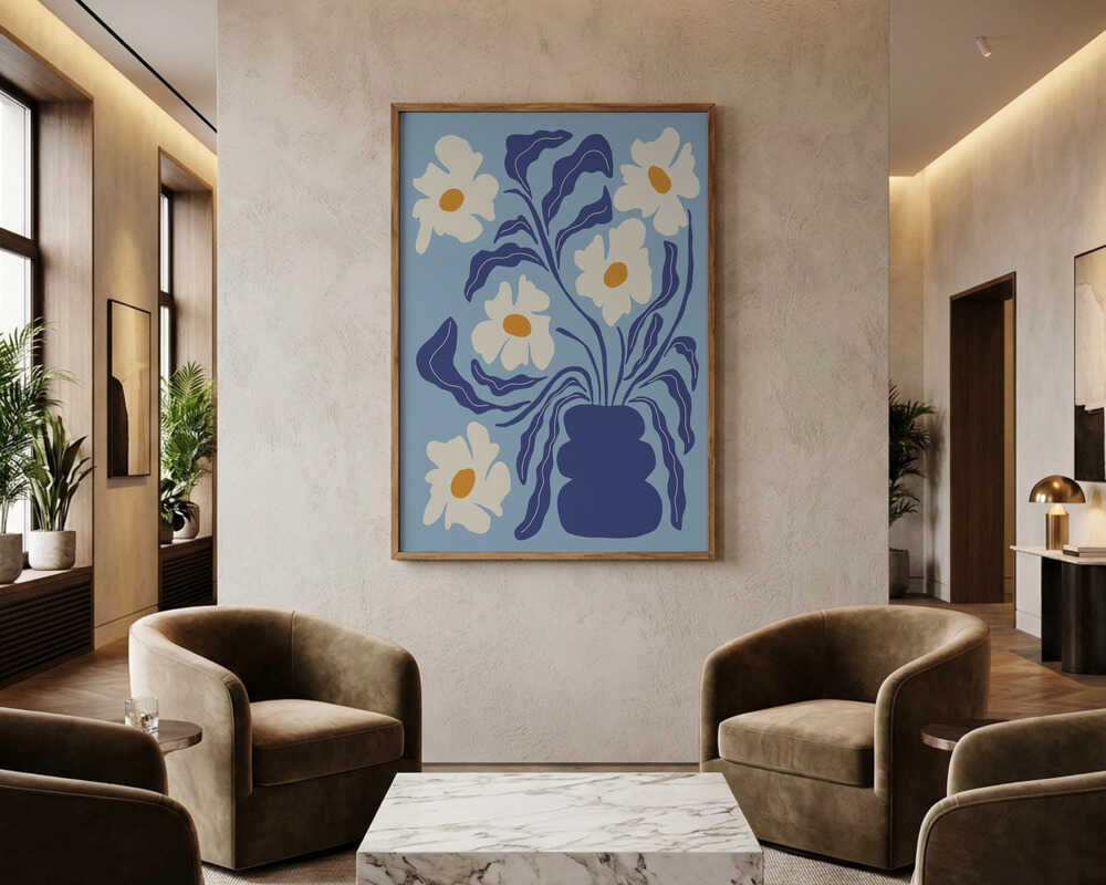 Blå blommig vas Poster