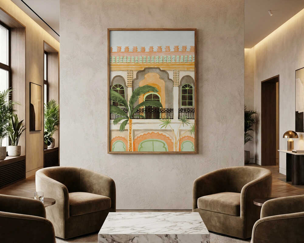 Marockansk byggnad med palmer Poster