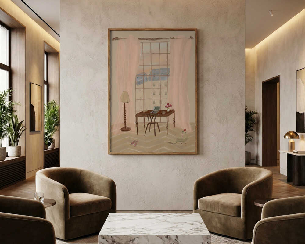 Paris Vinduesudsigt Illustration med Rustikt Skrivebord Plakat