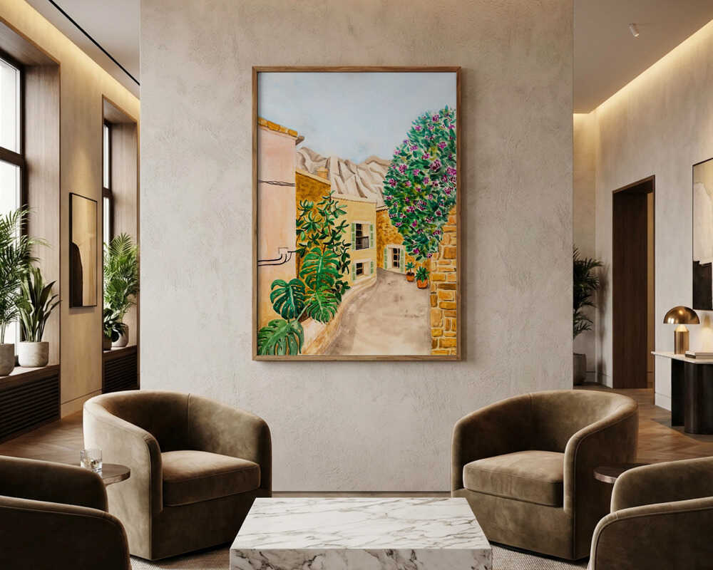 Solig europeisk bygata Poster