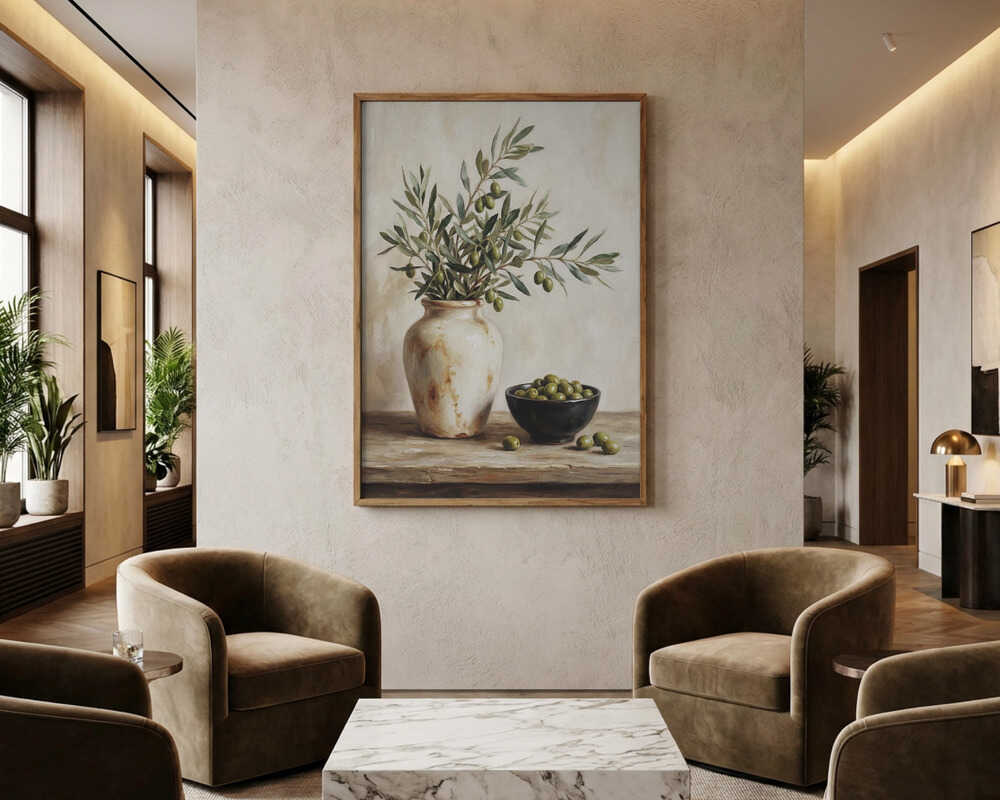 En keramisk skål med oliver-poster