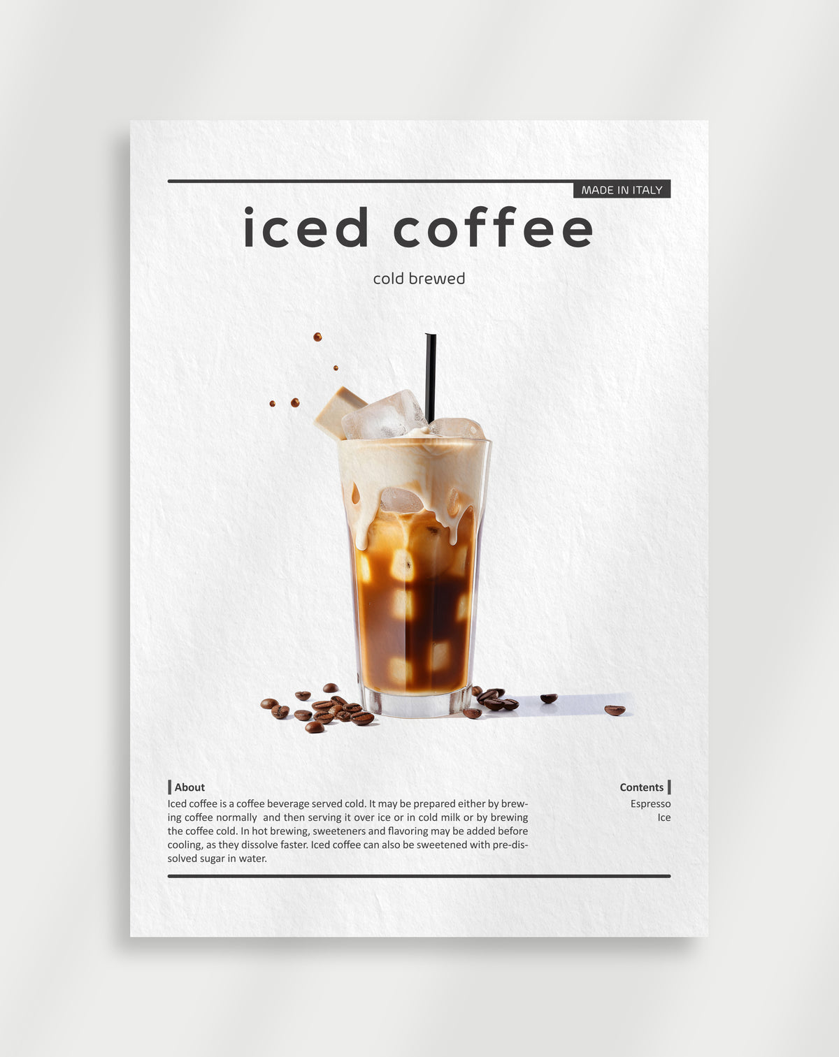 Iced coffee poster with a glass of iced coffee, beans and the text iced coffee