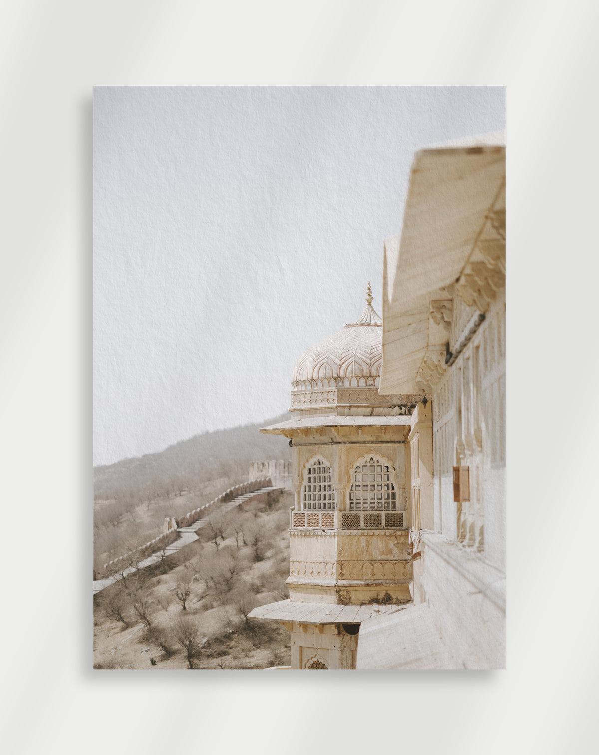 Indian palace dome poster with an ornate domed pavilion of an Indian palace overlooking arid hills
