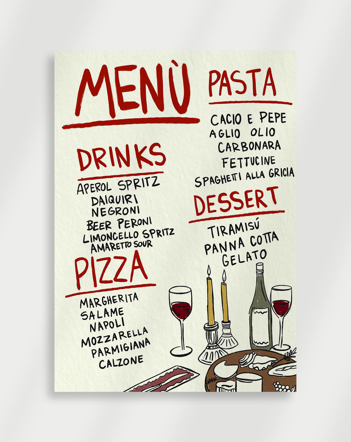 Italian menu poster with a hand-drawn menu listing pasta, drinks, pizza and dessert with wine glasses and a cheese board