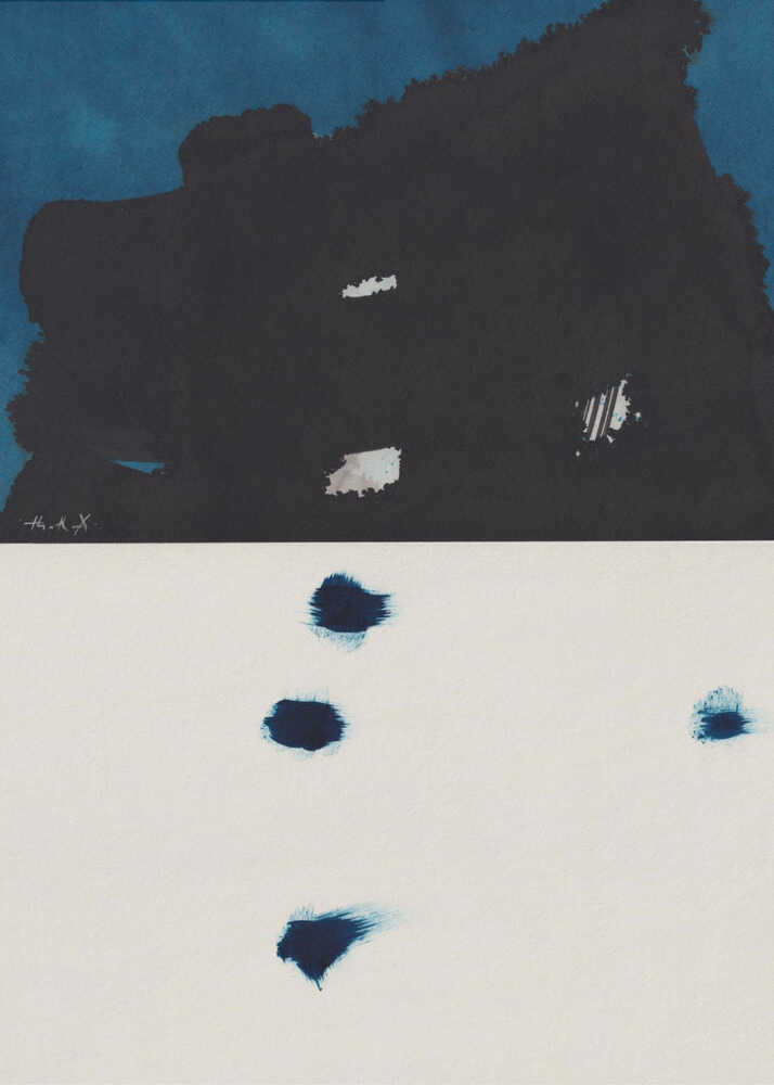 Japandi abstract ink poster with a black form on blue and blue marks on white