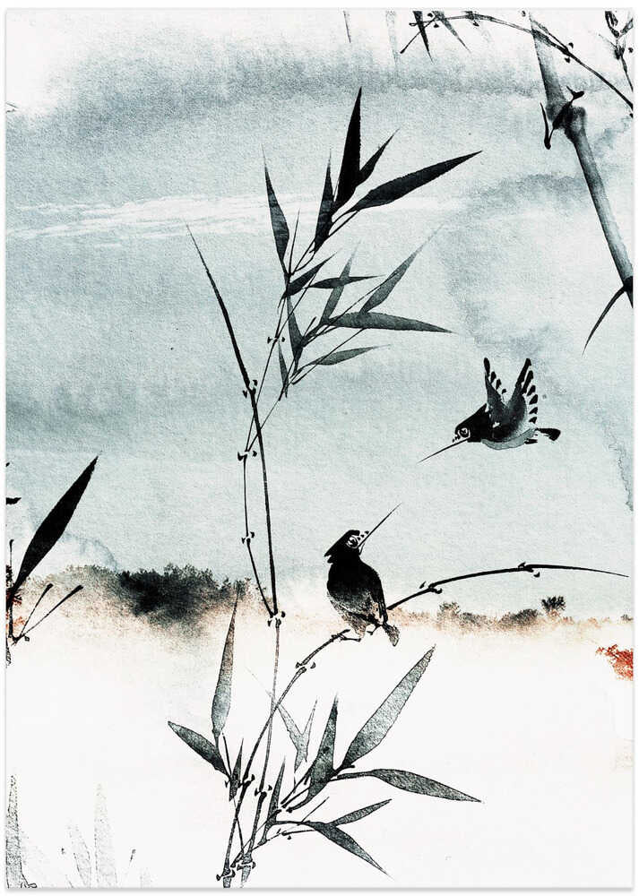 Japandi bamboo birds poster with black ink leaves and two birds on a pale wash