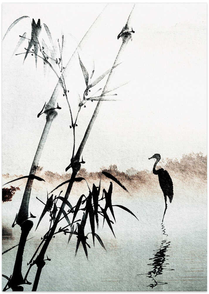Japandi bamboo heron poster with black ink bamboo and a heron reflected in water