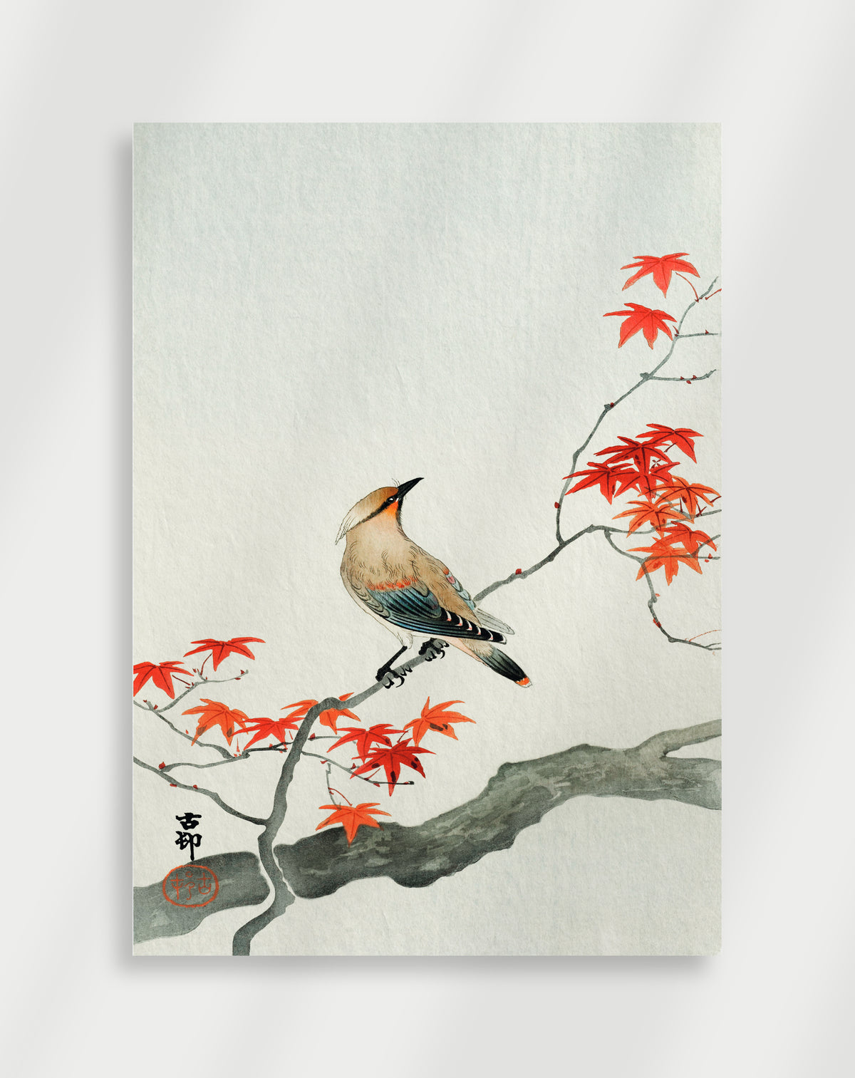 Japandi bird and maple poster with a bird on a branch and red maple leaves