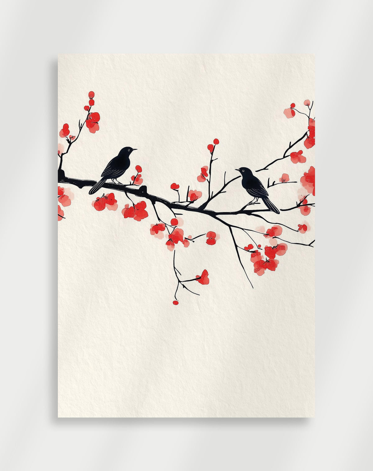 Japandi birds and blossoms poster with two black birds on a branch with red flowers