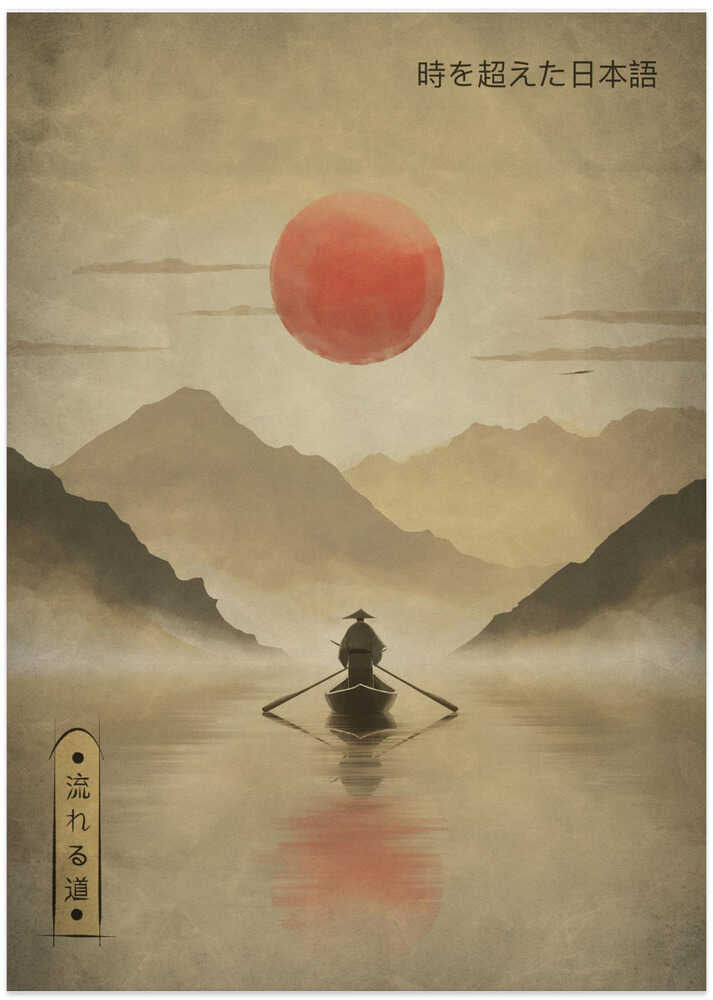 Japandi boat and red sun poster with a figure in a boat, red sun and misty mountains