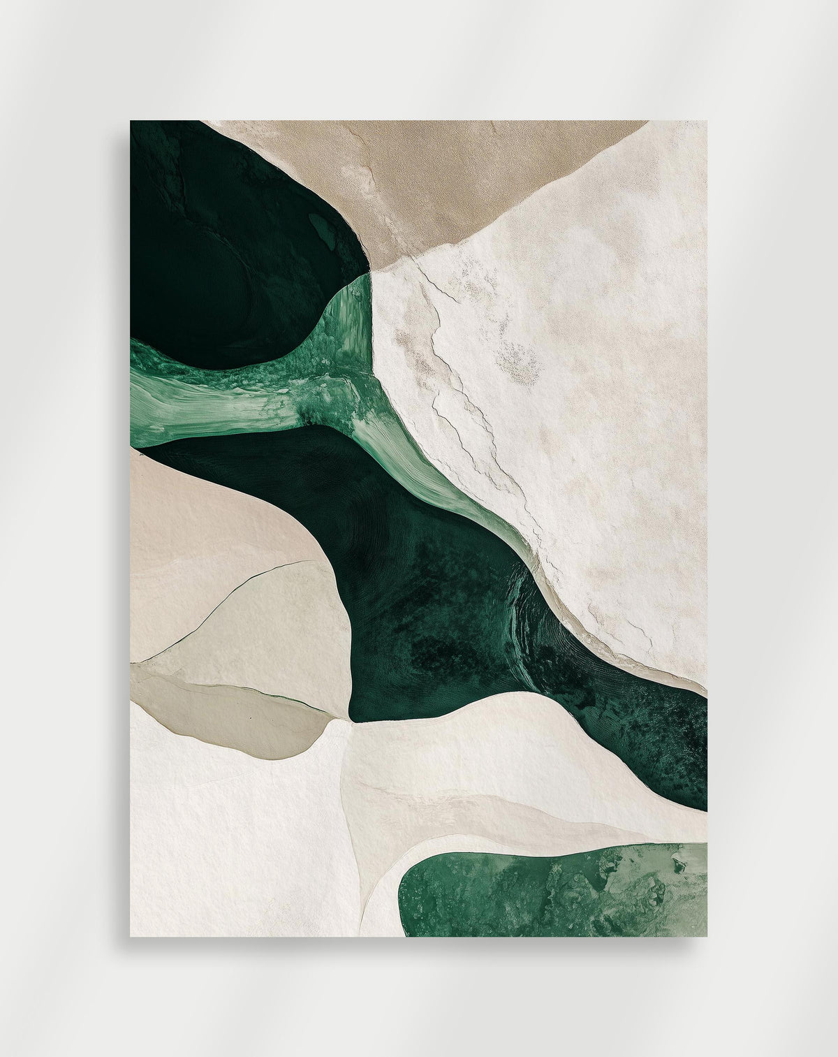 Japandi dark green shapes poster with dark green, white and beige organic forms