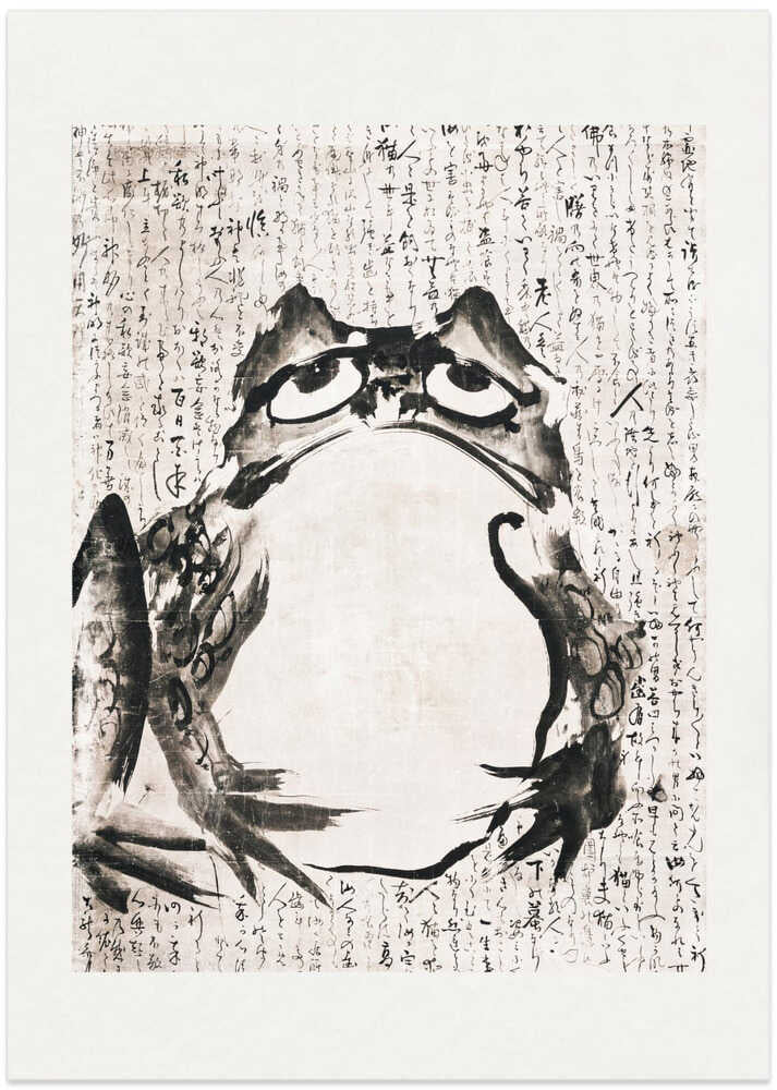 Japandi frog calligraphy poster with a black ink frog and dense Japanese script