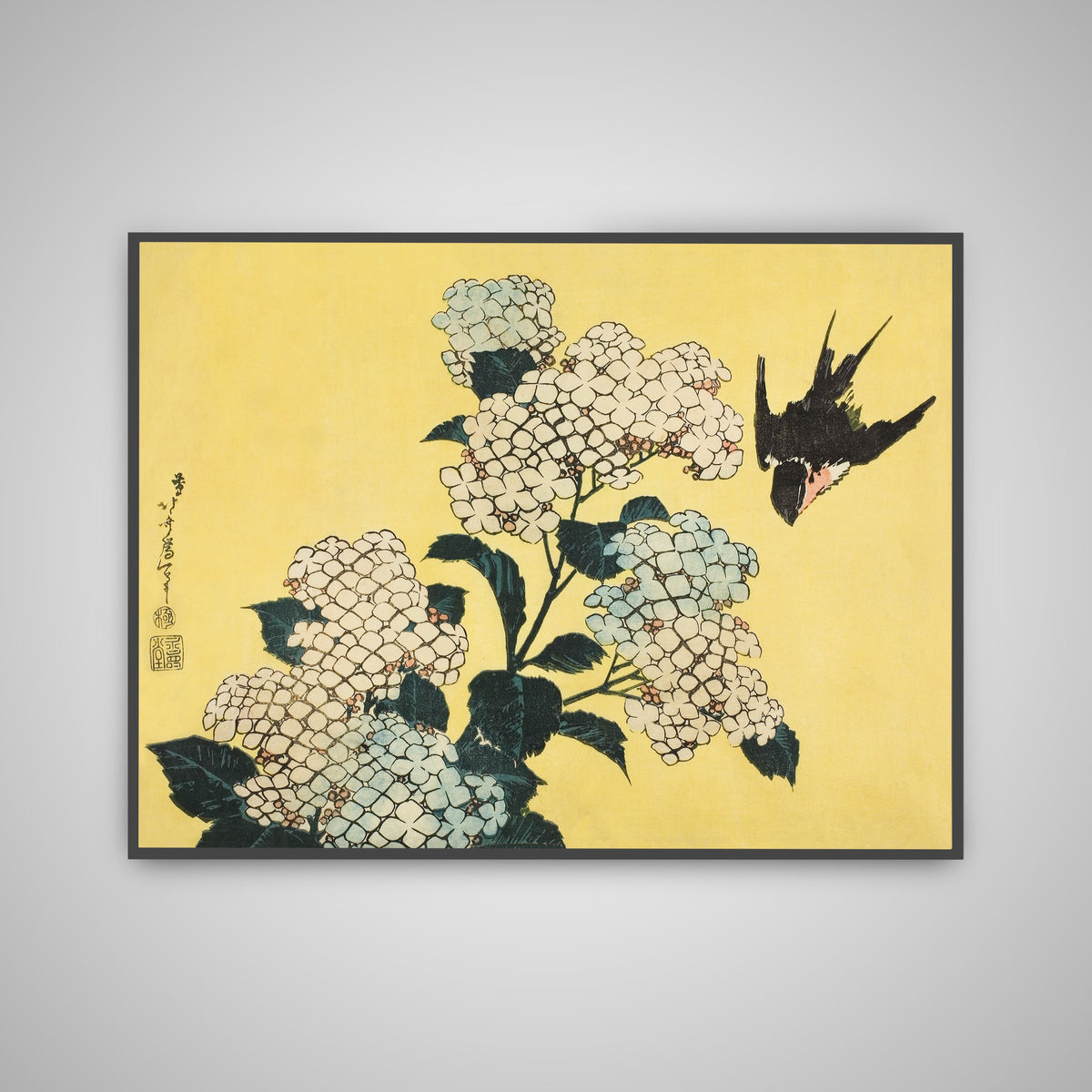 Japandi hydrangea and swallow poster with white hydrangeas and a black swallow on yellow