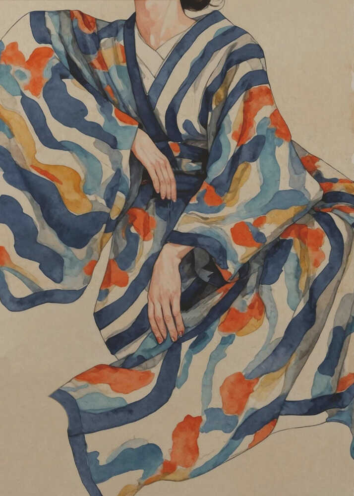 Japandi kimono poster with a watercolor blue, orange and white patterned kimono