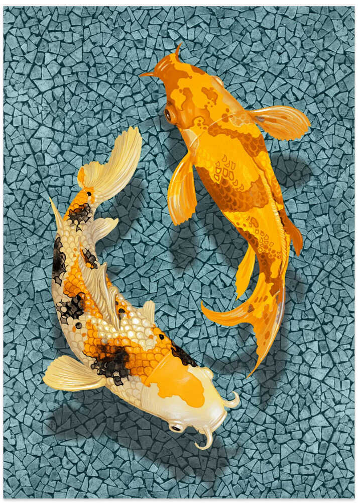 Japandi koi fish poster with two orange and white koi on a blue mosaic ground