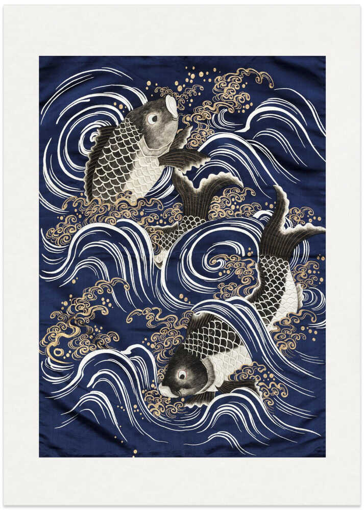 Japandi koi waves poster with three koi swimming among white and gold waves on blue