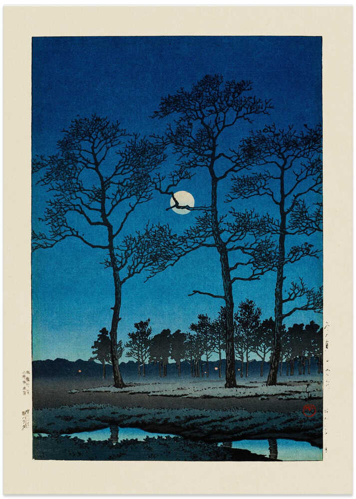 Japandi moonlit trees poster with bare trees silhouetted against a full moon