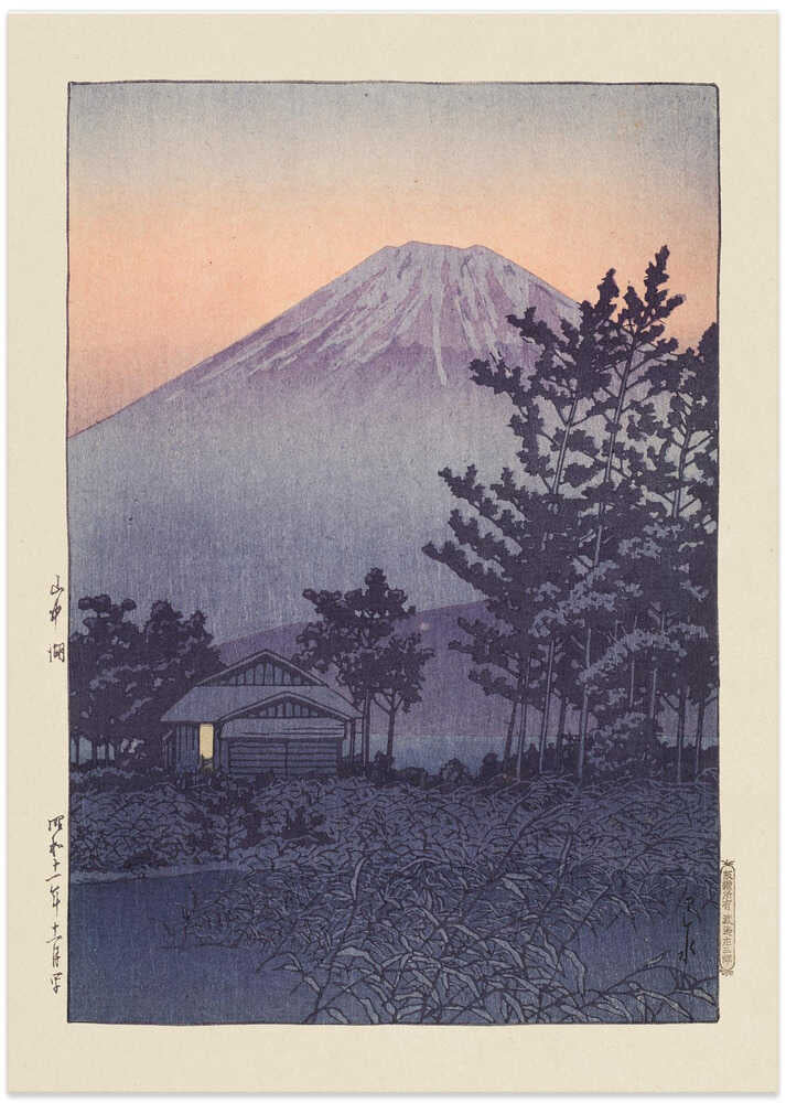 Japandi Mount Fuji dusk poster with a purple peak, pines and a lit house