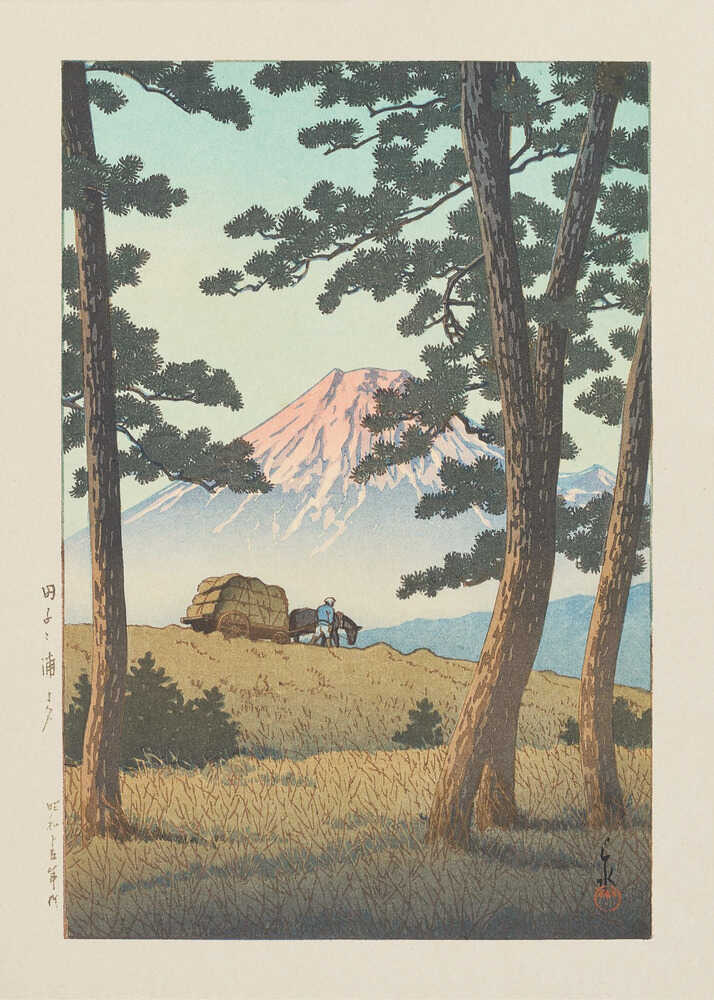 Japandi Mount Fuji poster with pines framing a pink peak and an ox cart