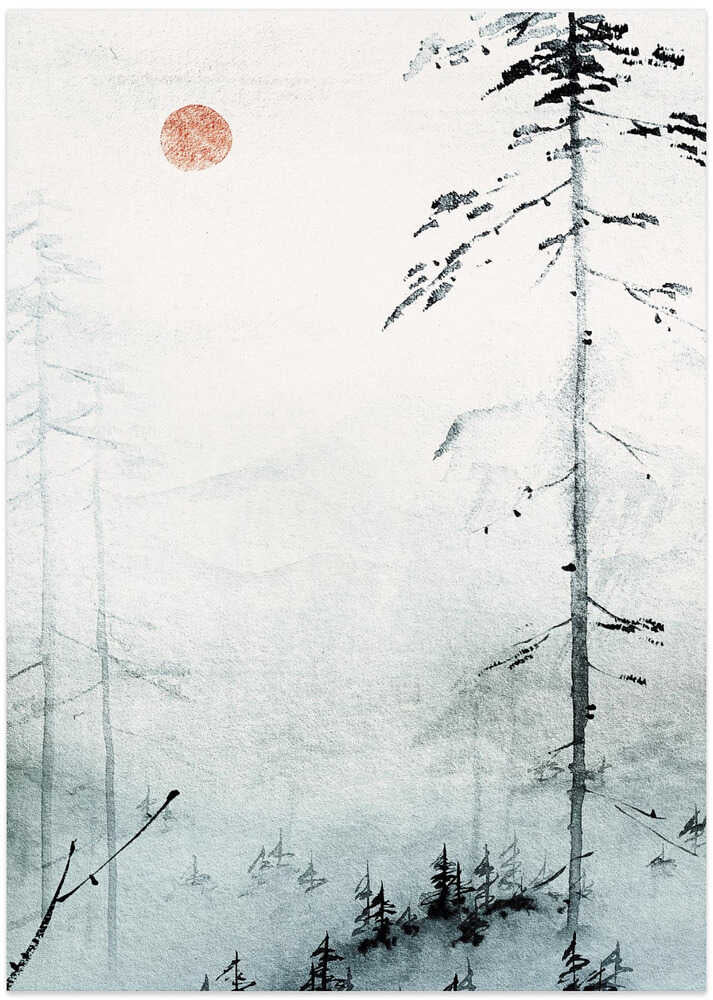 Japandi red sun pines poster with a red circle, tall trees and misty mountains