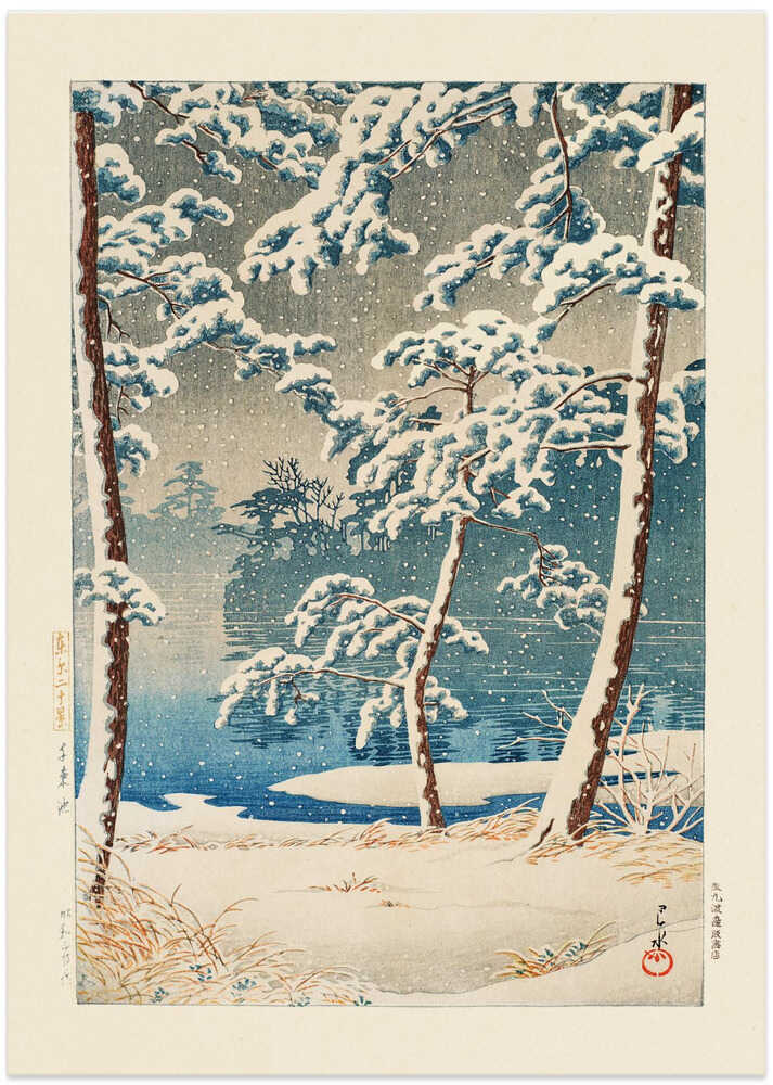 Japandi snowy pines poster with snow-covered trees by a blue lake and falling snow