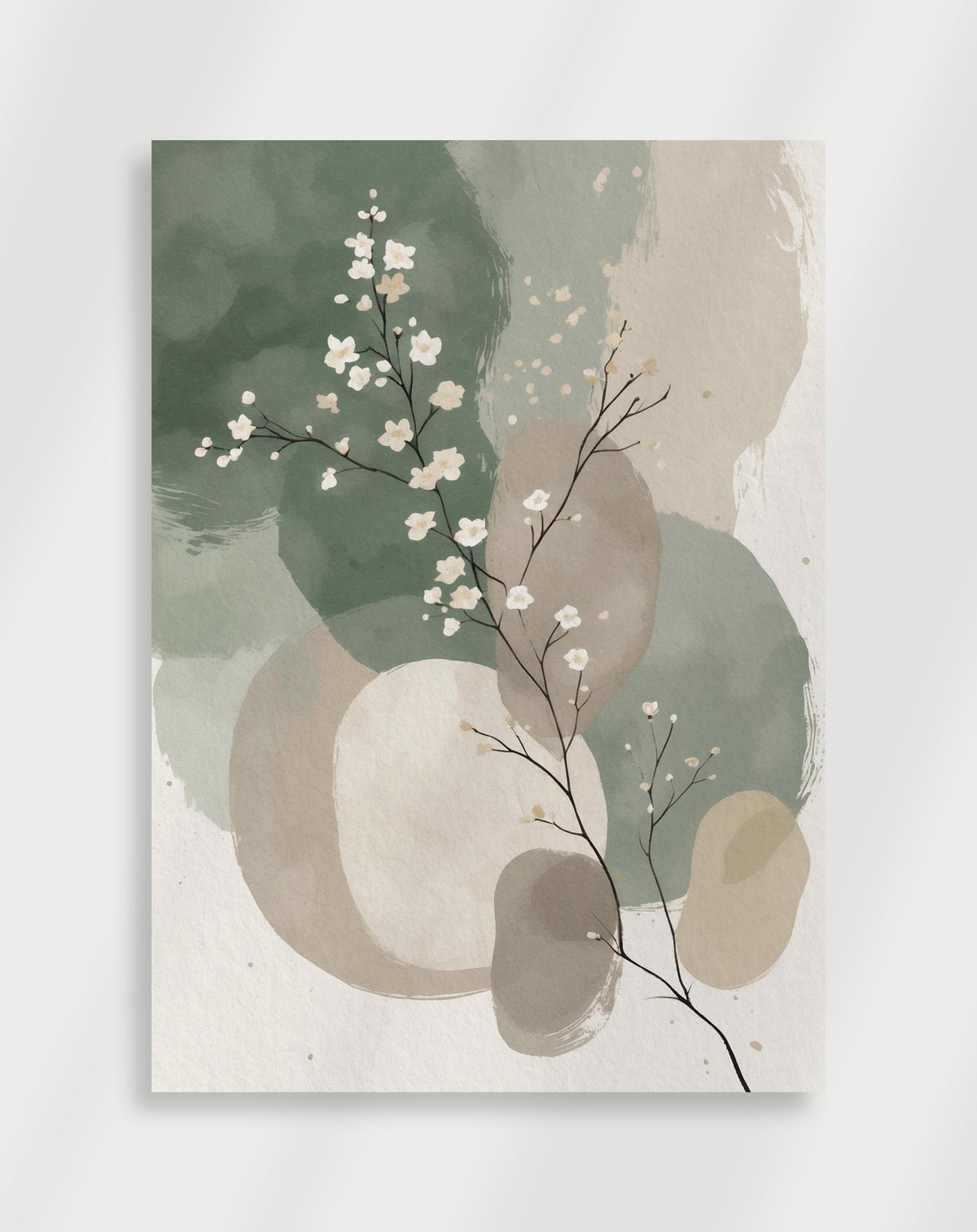 Japandi white blossom branch poster with a branch of white flowers over green and beige washes