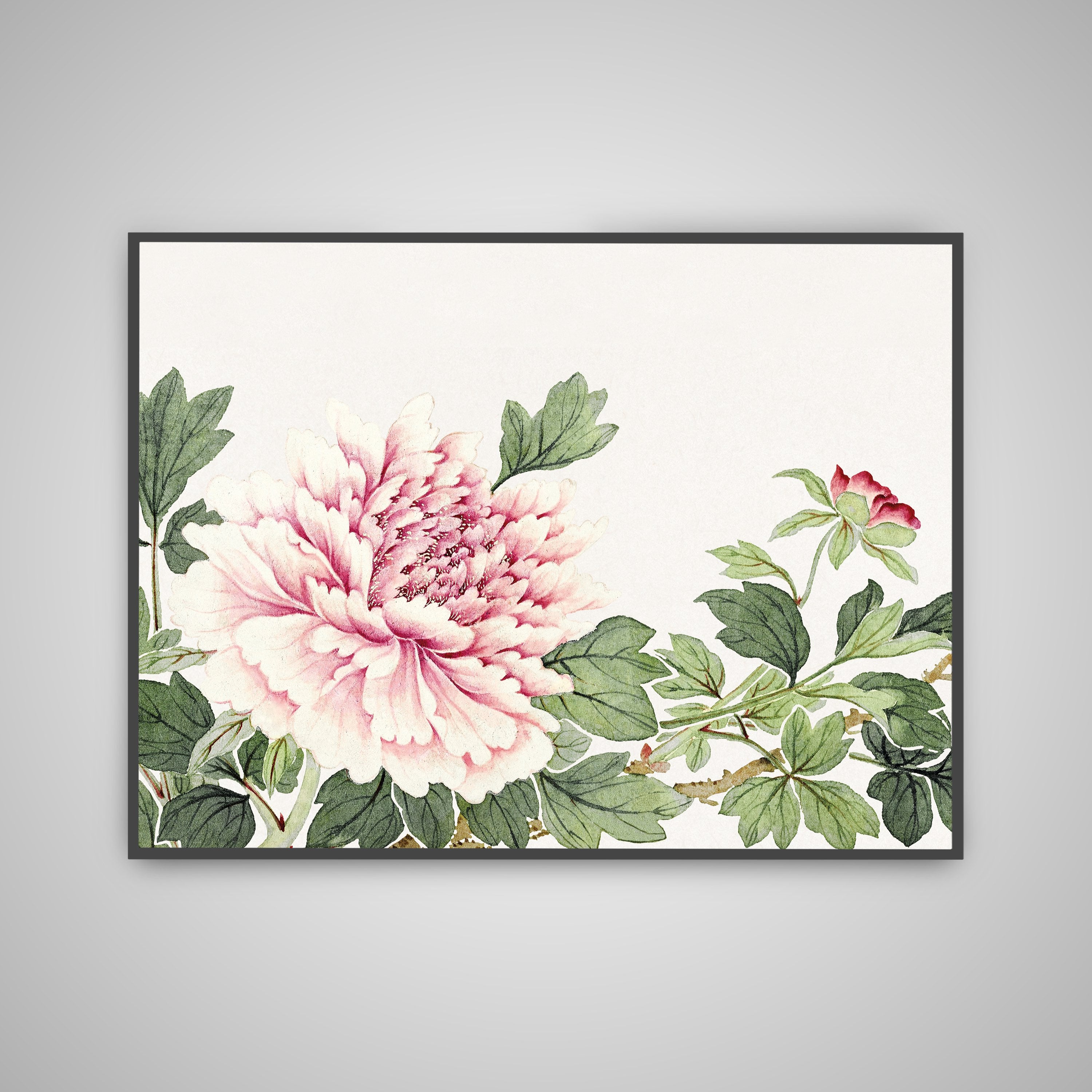 Minimalist poster with Japanese-style pink peony flower and green leaves on white background