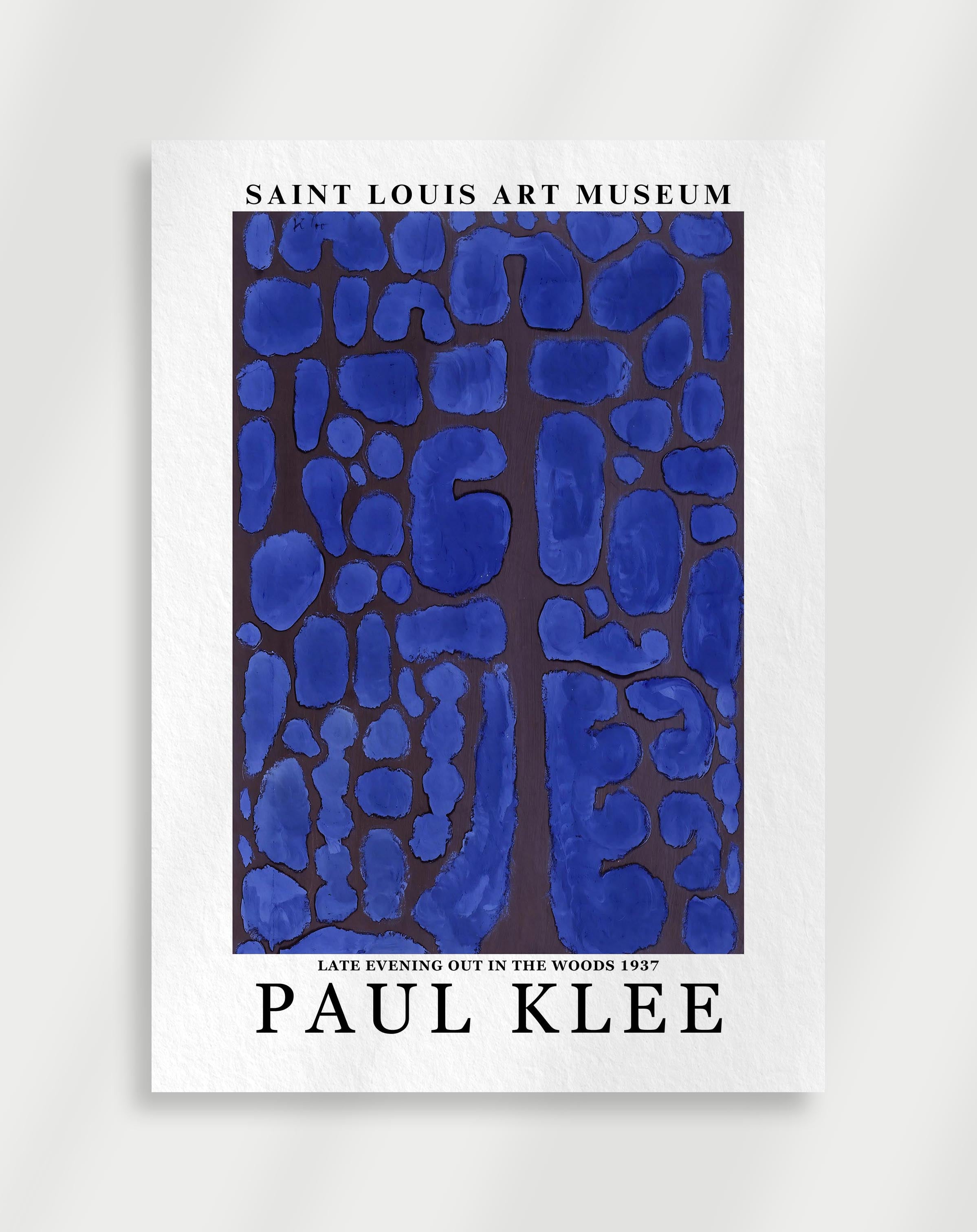 Deep blue abstract painting with organic shapes resembling trees at night