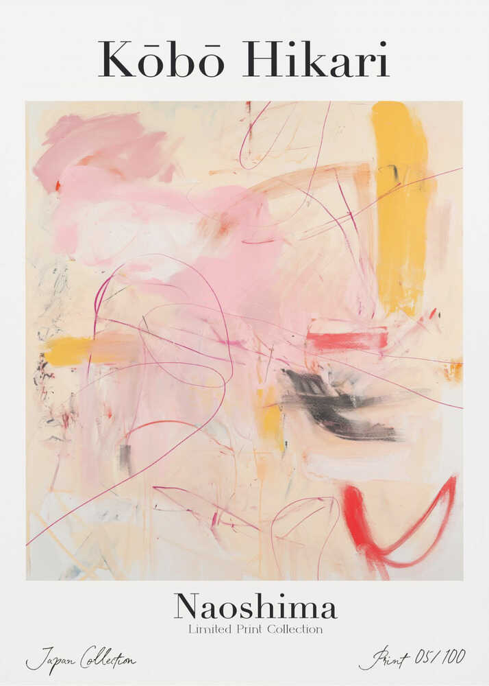 Kobo Hikari Naoshima poster with pink, yellow and red gestural marks on cream