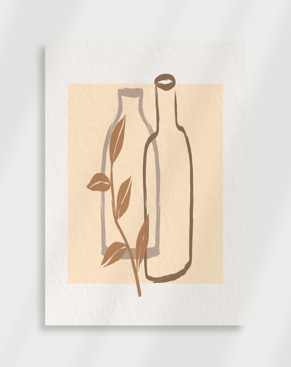 Line drawing bottles plant poster with a minimalist brown line drawing of two bottles and a leafy plant on a beige background