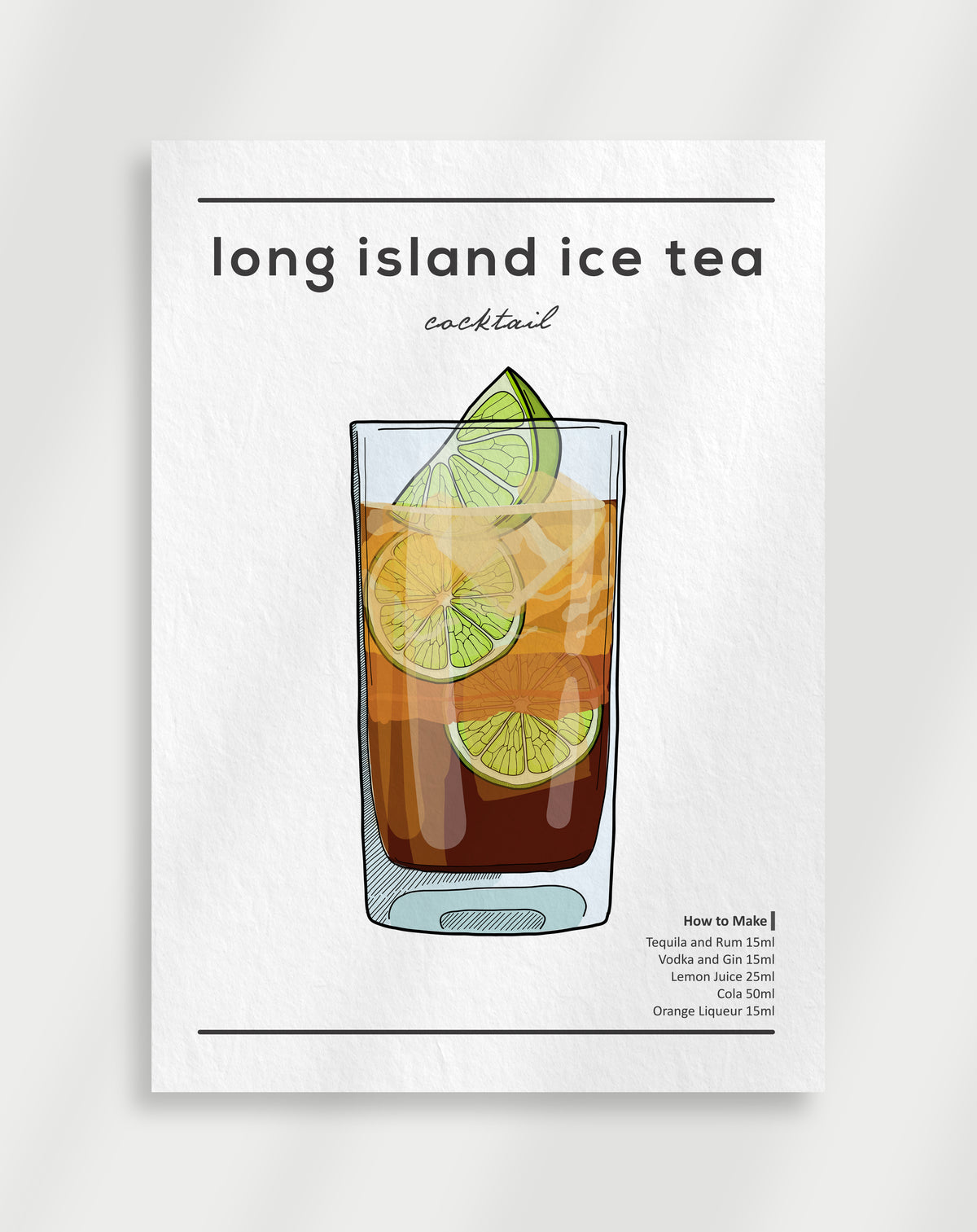 Long island iced tea poster with a line drawing of a Long Island Iced Tea cocktail in a glass with lime slices and a recipe
