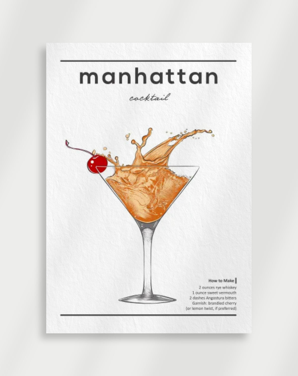 Manhattan cocktail poster with a line drawing of a manhattan in a glass with a splash and a cherry