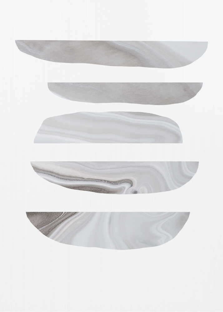 Marble shapes poster with five horizontal marble-like gray and white shapes on white