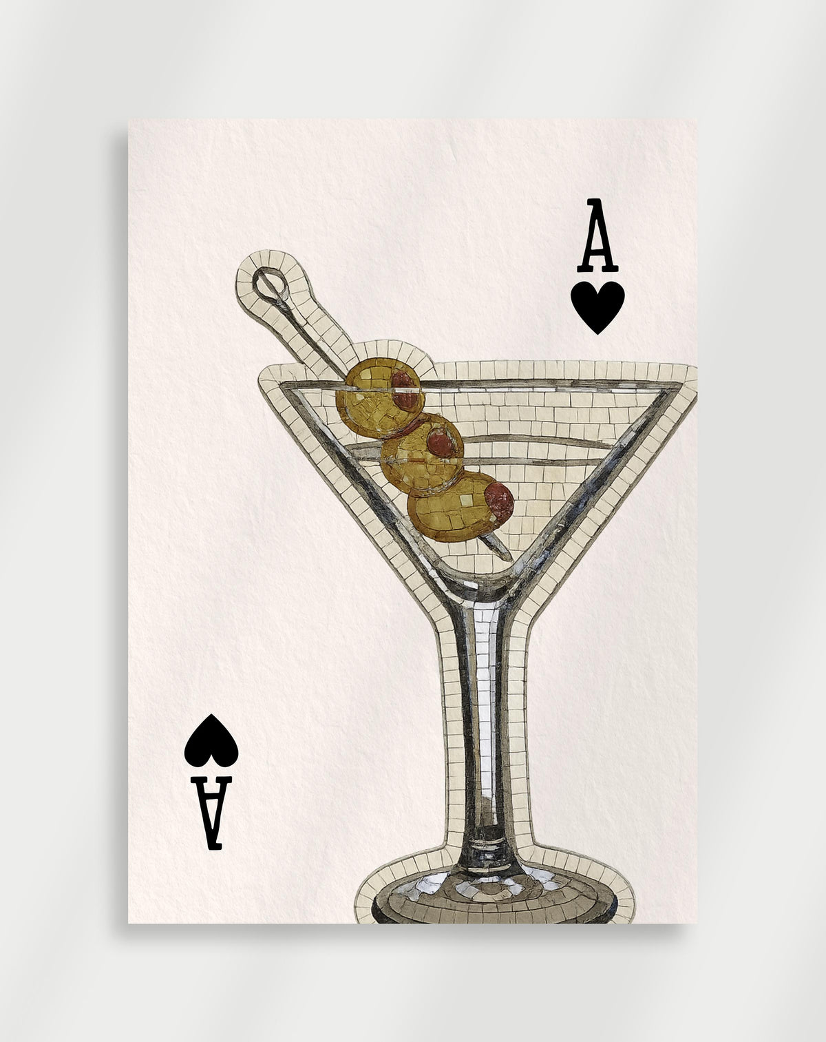 Martini ace of hearts poster with a graphic of a martini glass with olives designed as an ace of hearts playing card