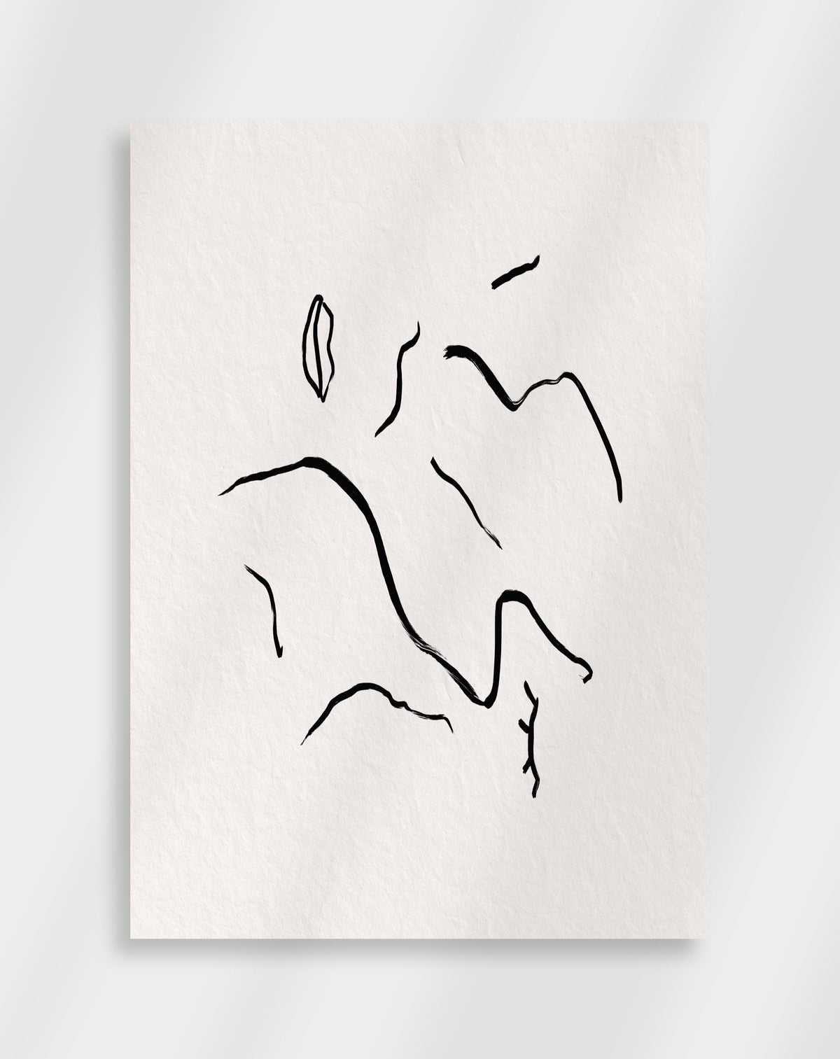 Minimalist line drawing boho poster with an abstract black line drawing of organic shapes on a textured white background