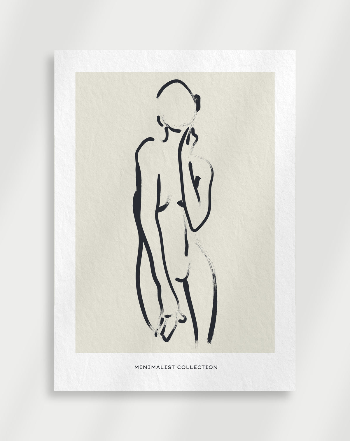 Minimalist nude line art poster with a black line drawing of a standing nude figure labeled Minimalist Collection