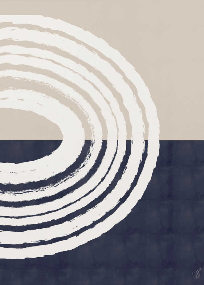 Minimalist white spiral abstract poster with a minimalist abstract of white concentric brushstroke arcs on beige and navy background