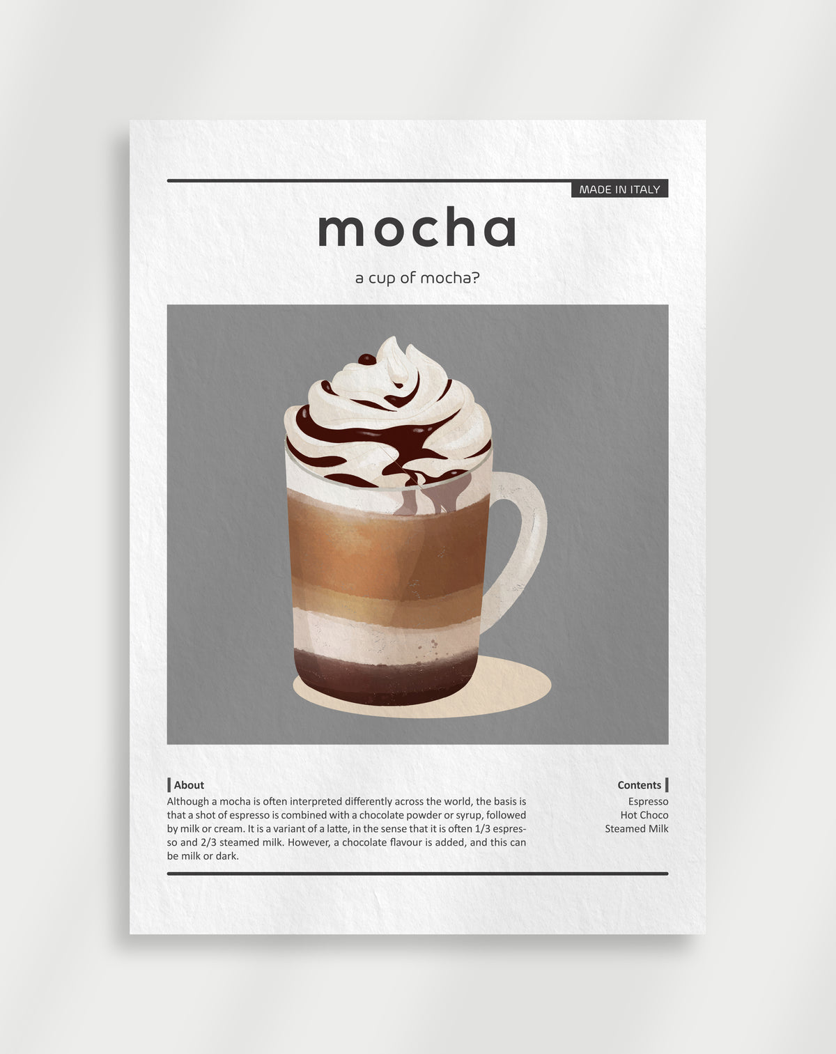 Mocha poster with an illustration of a layered mocha glass and the text mocha