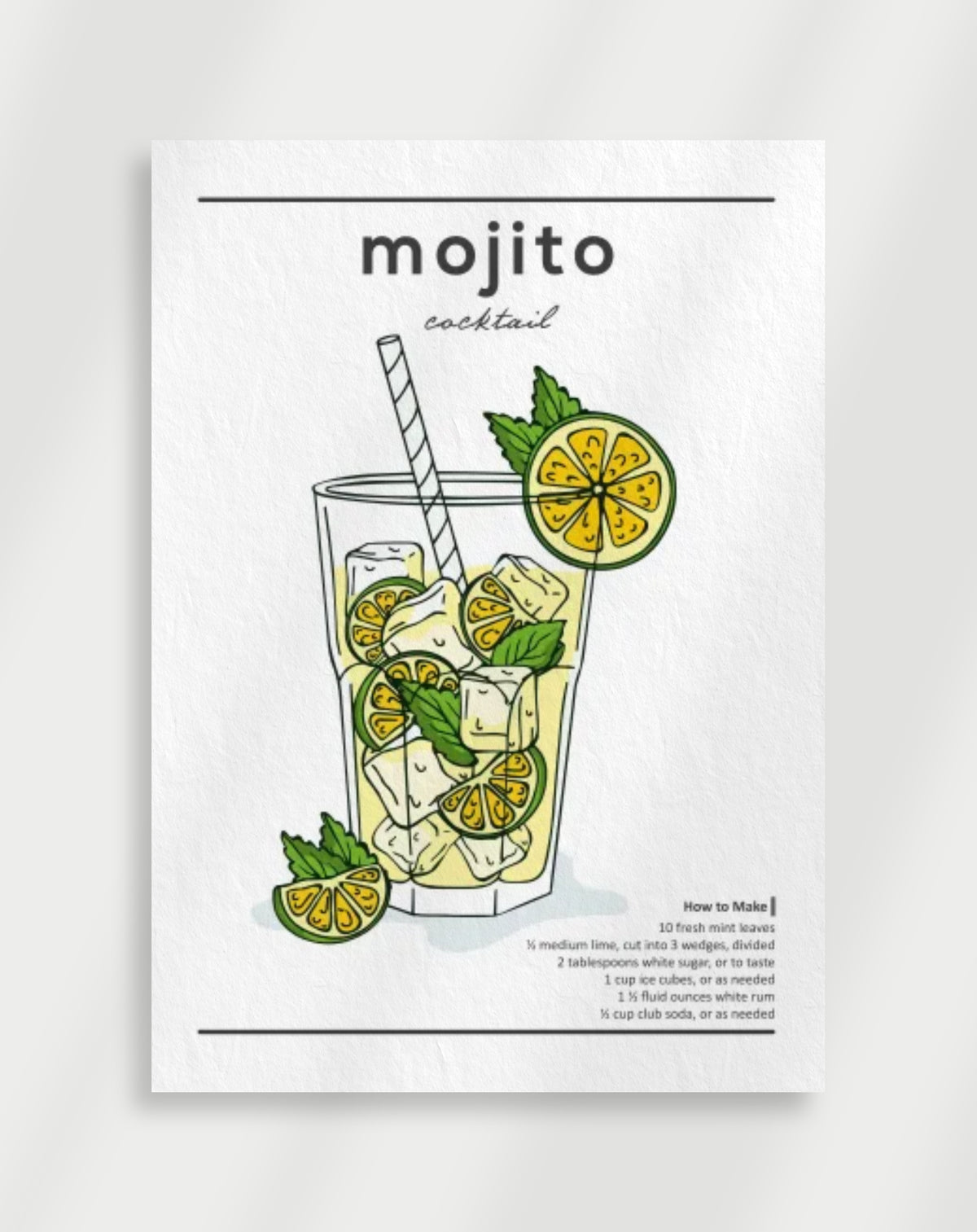 Mojito illustration poster with a line drawing of a mojito in a tall glass with mint, lime slices and a straw