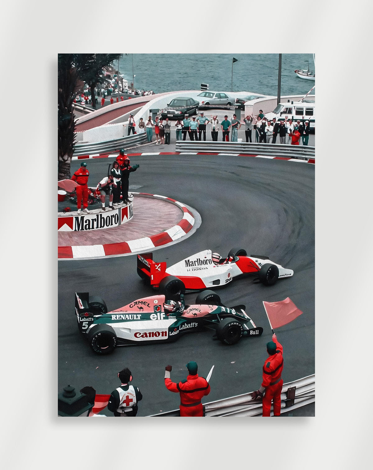 A dynamic poster featuring two Formula 1 cars  Mclaren and Renault racing on a Monaco track with spectators and pit crew in the foreground, capturing the intensity of the sport.