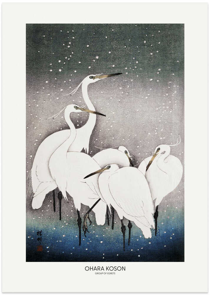 Ohara Koson Group of Egrets poster with white egrets against a dark sky
