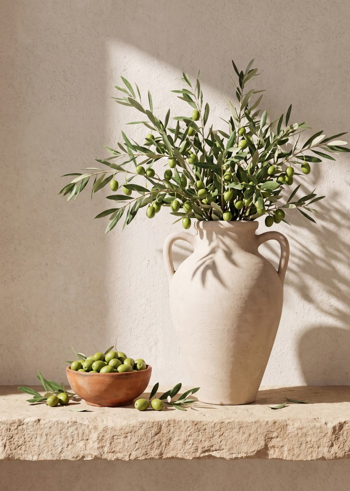 Olive branches poster with a ceramic vase of olive branches and a bowl of olives